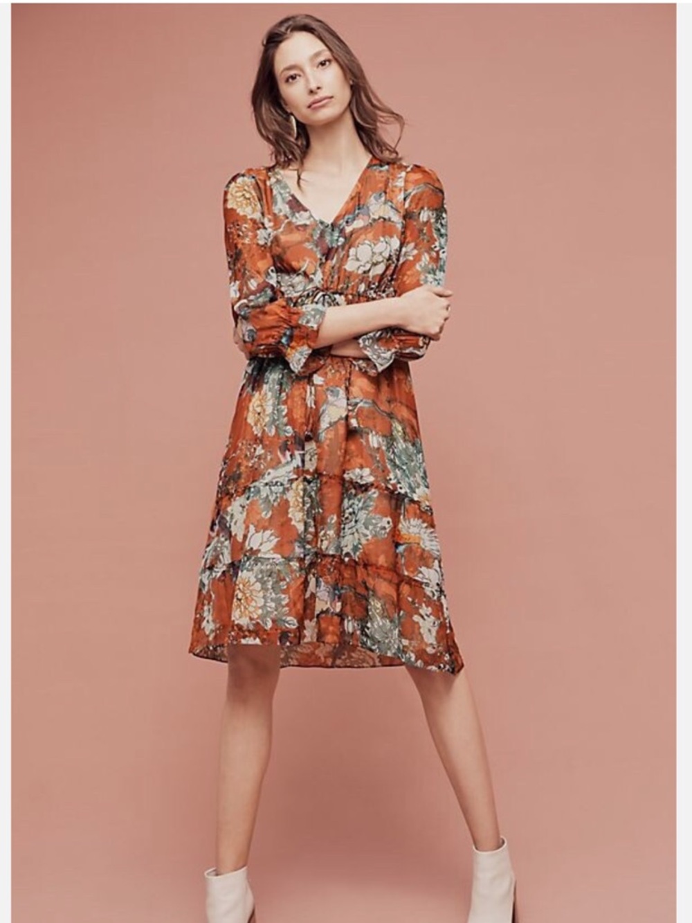 Hemant & Nandita Zuri Orange Floral Bird Print Peasant Dress 12